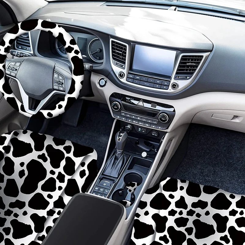 10PCS Cow Print Car Seat Cover Kit, Car Steering Wheel Cover, Seat Belt Pads, Car Floor Mats, Car Coasters, Armrest Pad