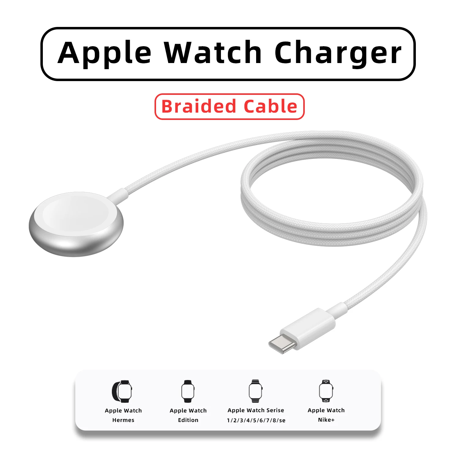 Replacement Charger Aluminum Alloy Braided Cable  for Apple Watch Ultra/Series10/9/8/7/6/SE/SE/SE2/5/4 USB-C Smartwatch Charger