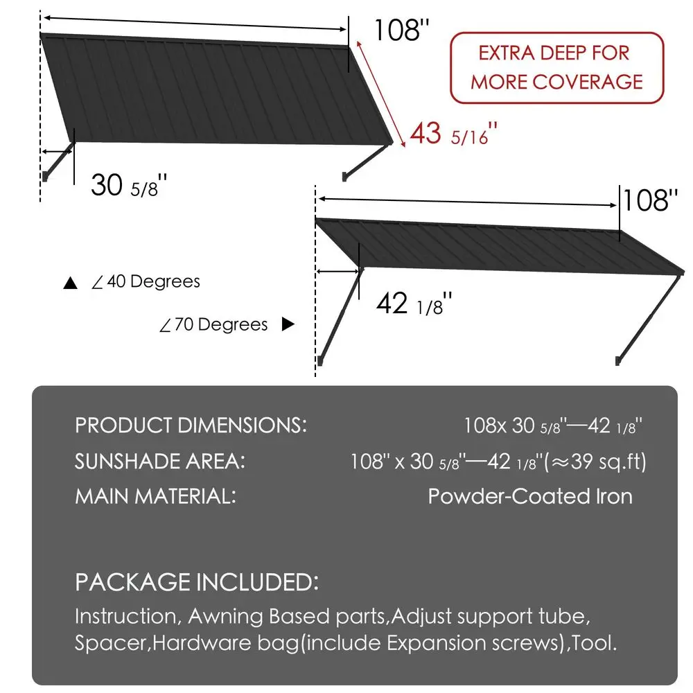 Adjustable Door Window Awning 4Level Tilt, Aluminum Frame
