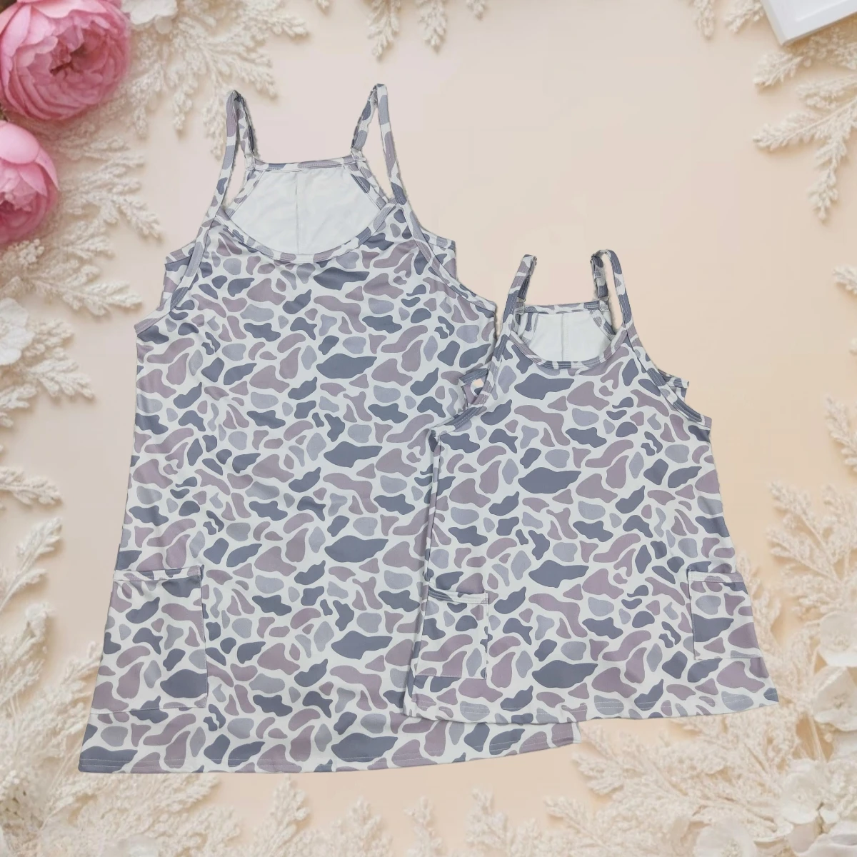 

Trendy Baby Girl Yoga Dress Gray Camo Pockets Strap Athletic Sport Wear Knee Length Dress Toddler Comfort Fit Mama and Me Match