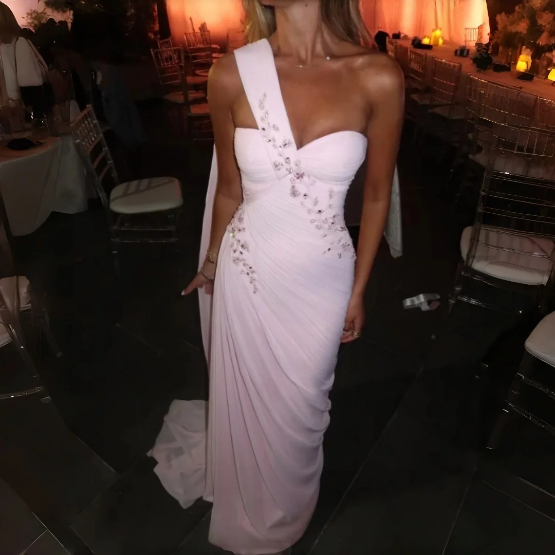 Blush Pink One Shoulder Evening Gown With Flowy Cape Strap Beaded Mermaid Long Formal Prom Wedding Guest Dress