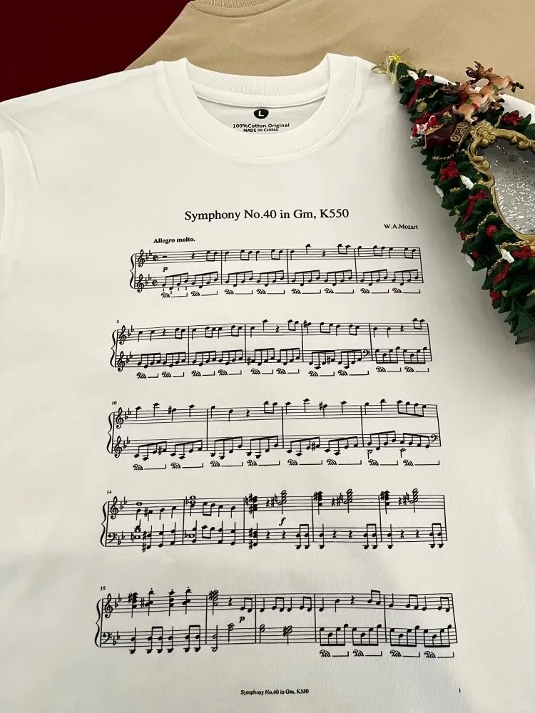 Mozart Symphony No40 Score Heavyweight Pure Cotton Short Sleeve Loose Unisex Couple Music Fun T-Shirt Breathable Casual Style