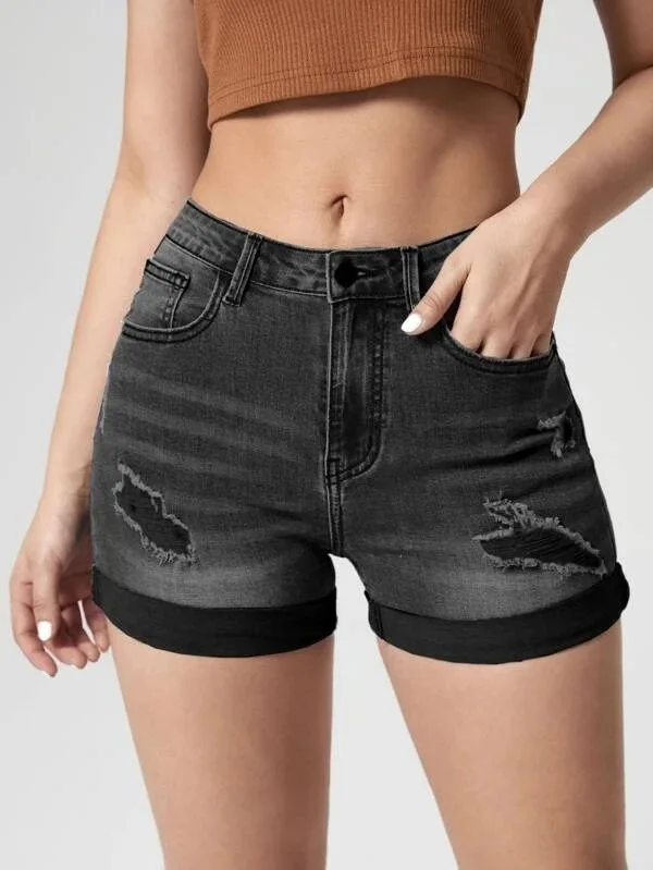 2026 Women High Rise Elastic Ripped Roll Hem Denim Hot Shorts European Style All-match Daily Summer Ins Popular Casual Bottoms view 6