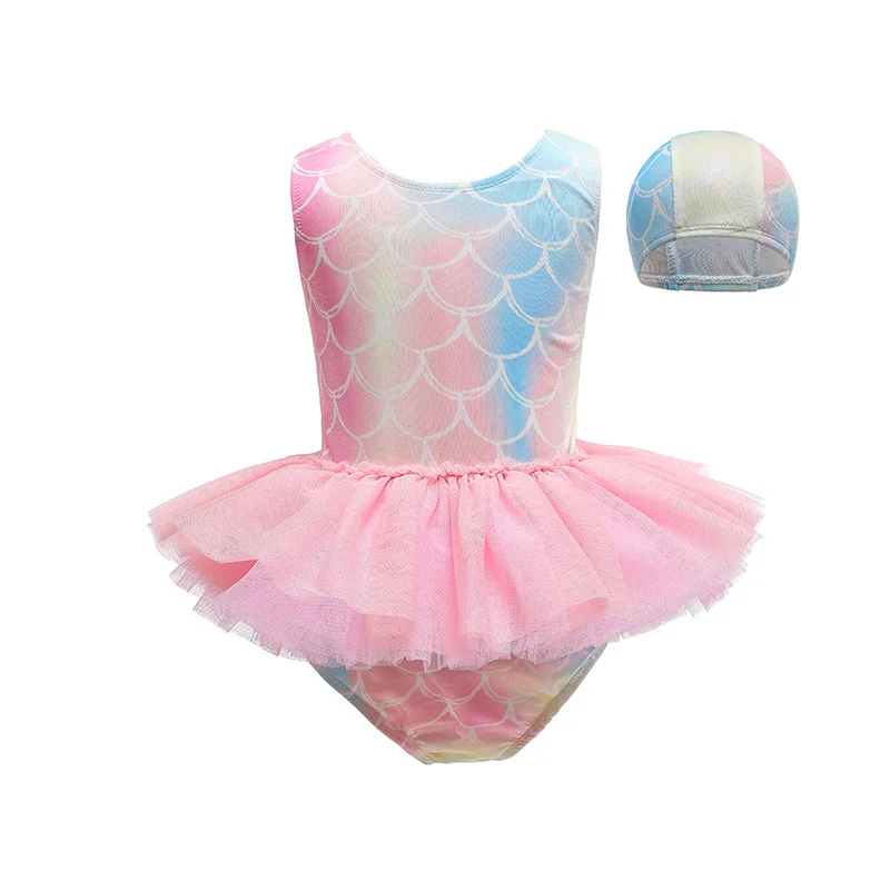 Girl TUTU Dress Swimsuits Sparkly Design Kids Beachwear With Swimcap Size 100-140 Little Girl Summer Beach Suits