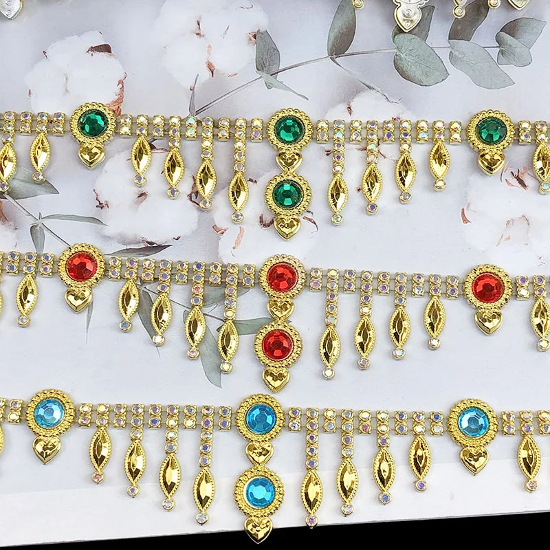 8 Yards 2.1cm Wide Colorful Round Stone Rhinestone Trim Teardrop Crystal Chain For Costume Bridal Dress Apparel Decor Accessory