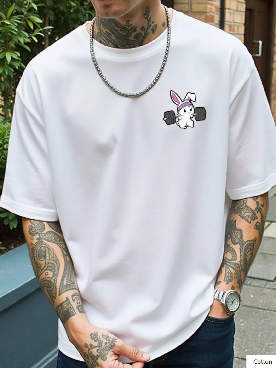 

Cute Bunny Lifting Weights Print Cotton Tshirt Features An Adorable Bunny Lifting Dumbbells Ideal for Fitness Enthusiasts S-4XL