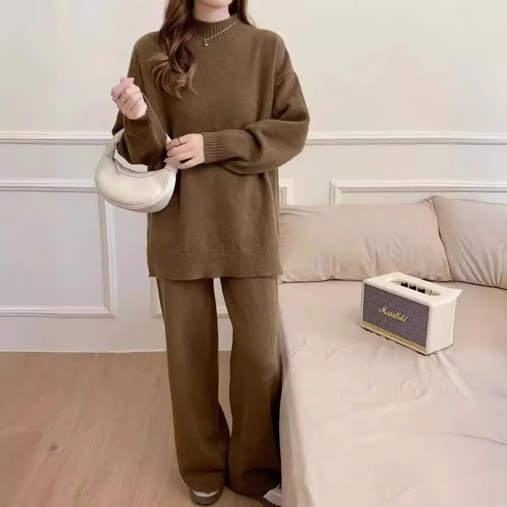 Two Piece Sets Muslim Knitting Outfits Women Split Sweater Pullover Knitted Wide Leg Pants Suit Knitwear Ensemble Casual