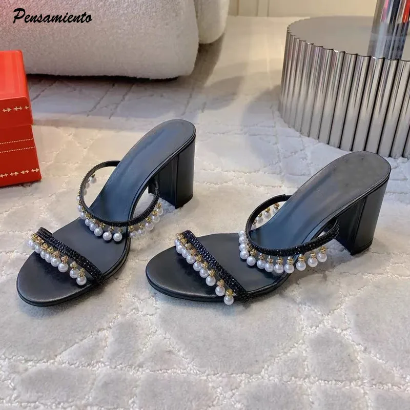 

Роскошные женские тапочки с подвеской в виде жемчуга и стразами, сандалии, летние модные туфли-лодочки на высоком каблуке с кристаллами, шлепанцы, обувь для выпускного вечера