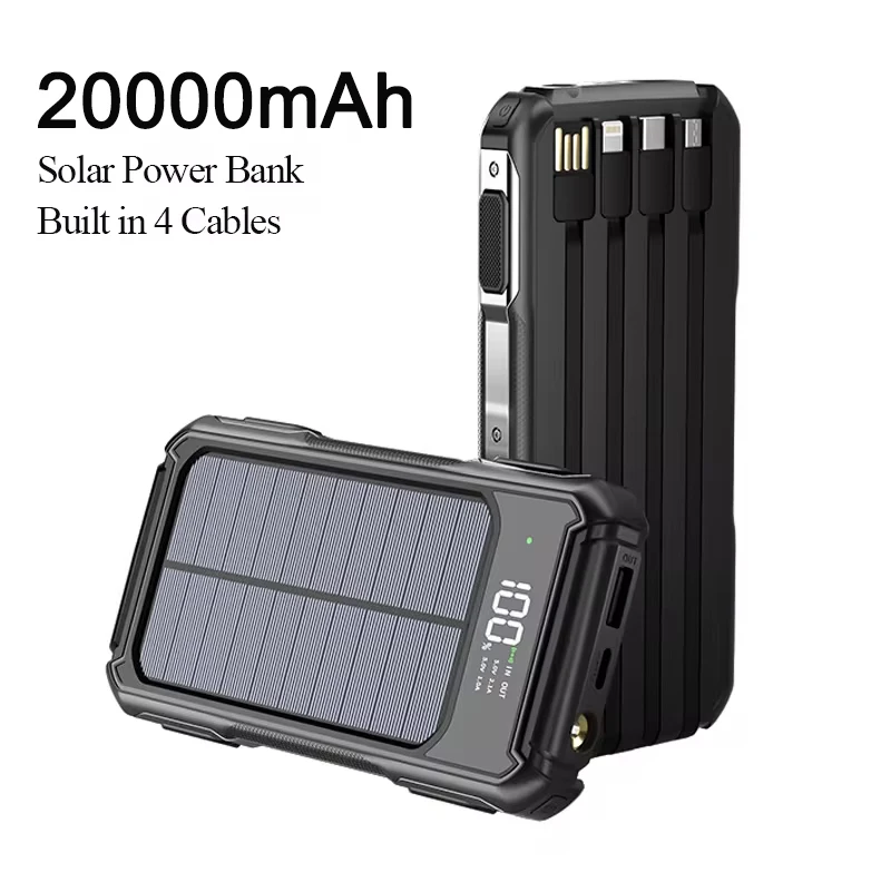 

Solar Power Bank 20000mAh Built in Cable Portable Powerbank with Digital Display for iPhone 15 Samsung Huawei Xiaomi Poverbank