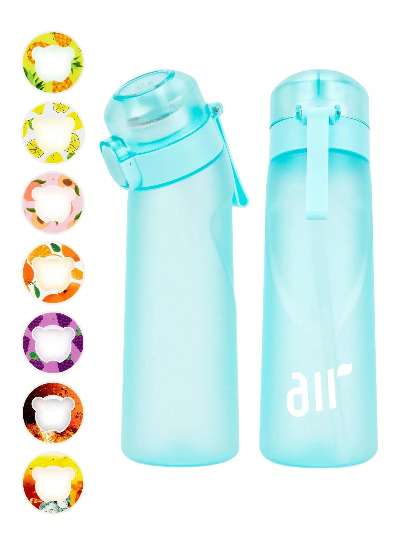 1pc luchtwaterfles met 1pc willekeurige smaakpods draagbaar transparant met rietje lekvrij geschikt voor buitensporten