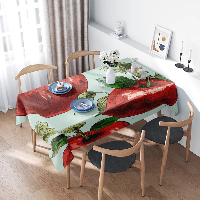 High-Quality Printed Tablecloths for Home Dining Room Decor Red Pepper Design with Green Leaves on Mint