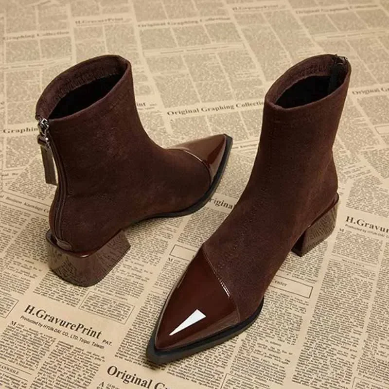 Ankle Boots Women Chunky Mid Heels Suede Shoes Woman Pointed Toe 2024 Trend Winter New Goth Walking Snow Chelsea Botas De Mujer
