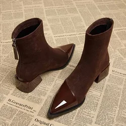 Ankle Boots Women Chunky Mid Heels Suede Shoes Woman Pointed Toe 2024 Trend Winter New Goth Walking Snow Chelsea Botas De Mujer