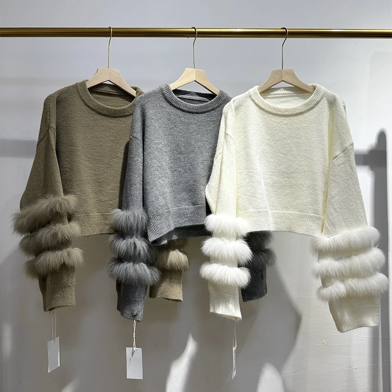 เสื้อสเวตเตอร์ขนสัตว์คลาสสิกคอโอสำหรับผู้หญิง ฤดูใบไม้ร่วง ปี 2025 สีเทา ขนฟ็อกซ์ธรรมชาติ หนา ถักสำหรับสาวๆ