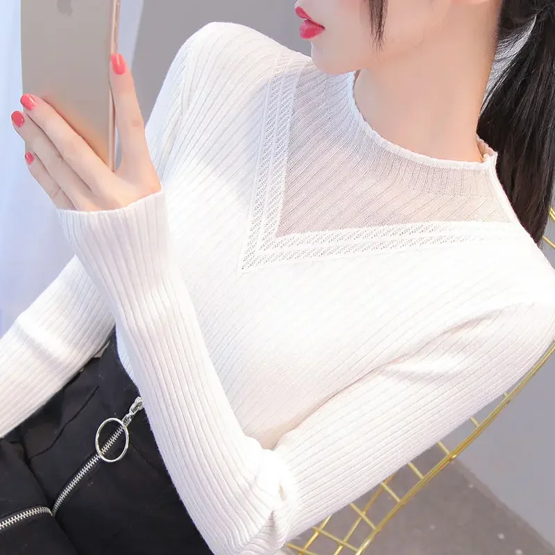 Spring and Autumn Women's Pullover High Neck Hollow Solid Loose Fit Long Sleeve Knitted Sweater Underlay Fashion Elegant Tops