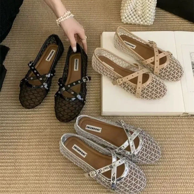 Women's Mesh Ballet Flats Breathable Fishnet Mary Jane Shoes with Studded Straps Summer Style Casual Sandals Women Flats Shoes