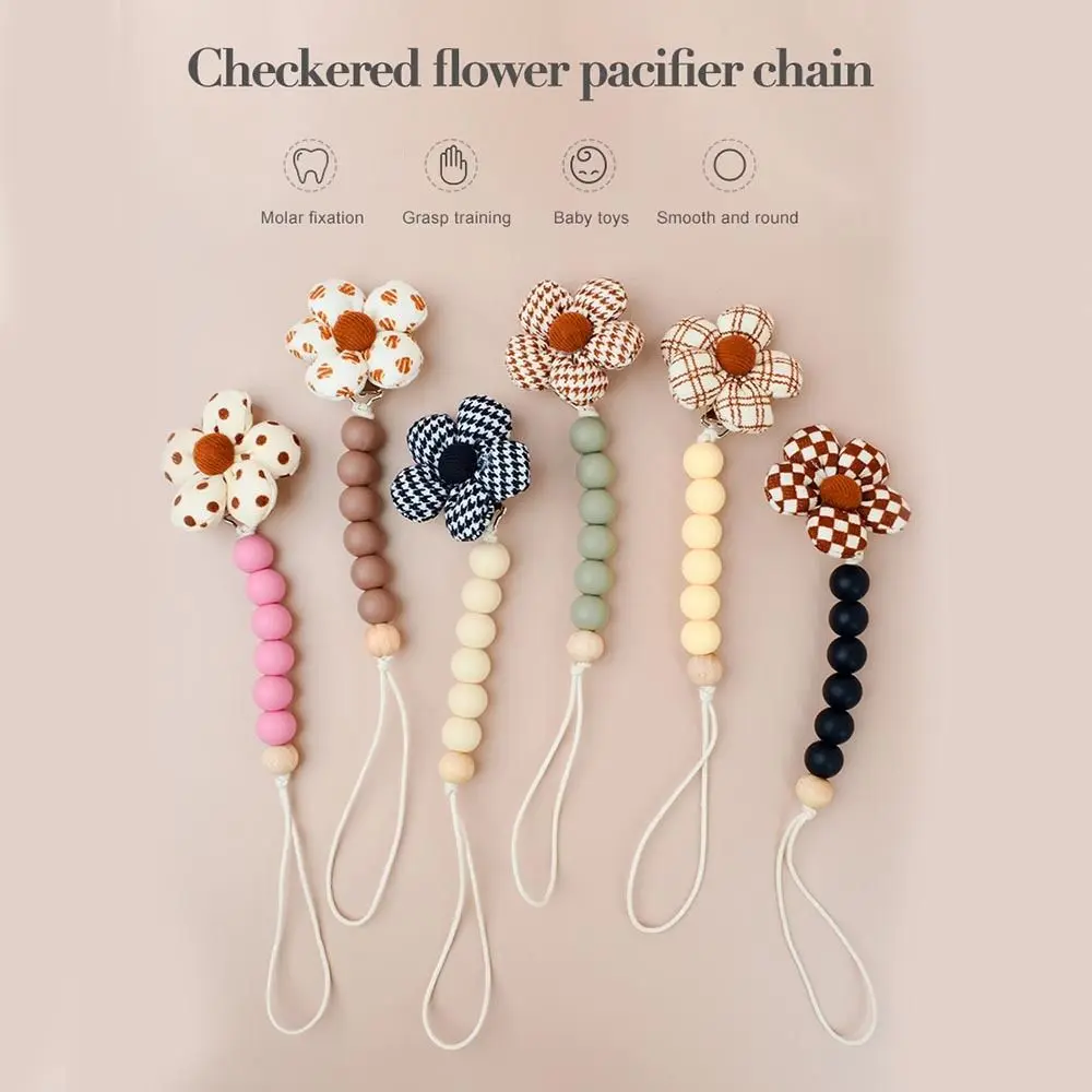 Colorful Cartoon Flower Baby Pacifier Chain Wood Silicone Bead Soother Holder Dummy Clips Removable Nipple Holder Clips Children