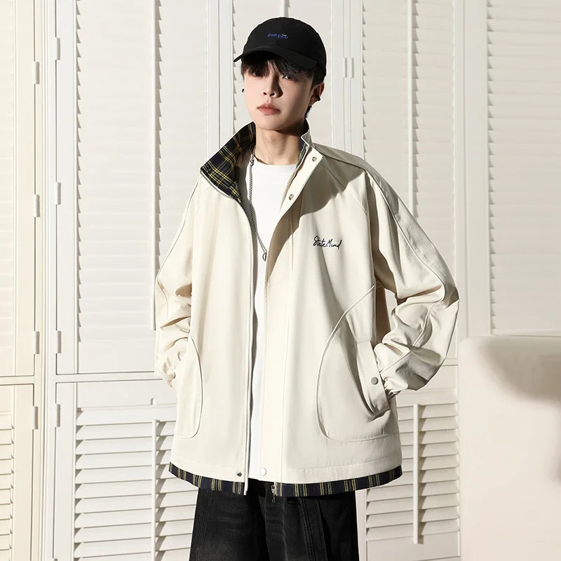 

Повседневная мужская куртка с воротником-стойкой в стиле пэчворк, цветная блузка, весна-осень, модный бренд, уличное волокно, молния из полиэстера, C...