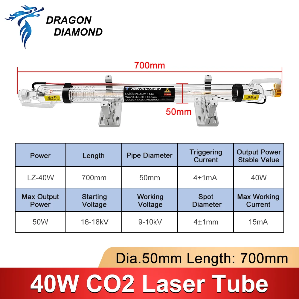 K40 Series 40W Co2 Metal Head Laser Tube Diameter 50mm Length 700mm Laser Lamp Pipe For DIY CO2 Laser Engraving Cutting Machine