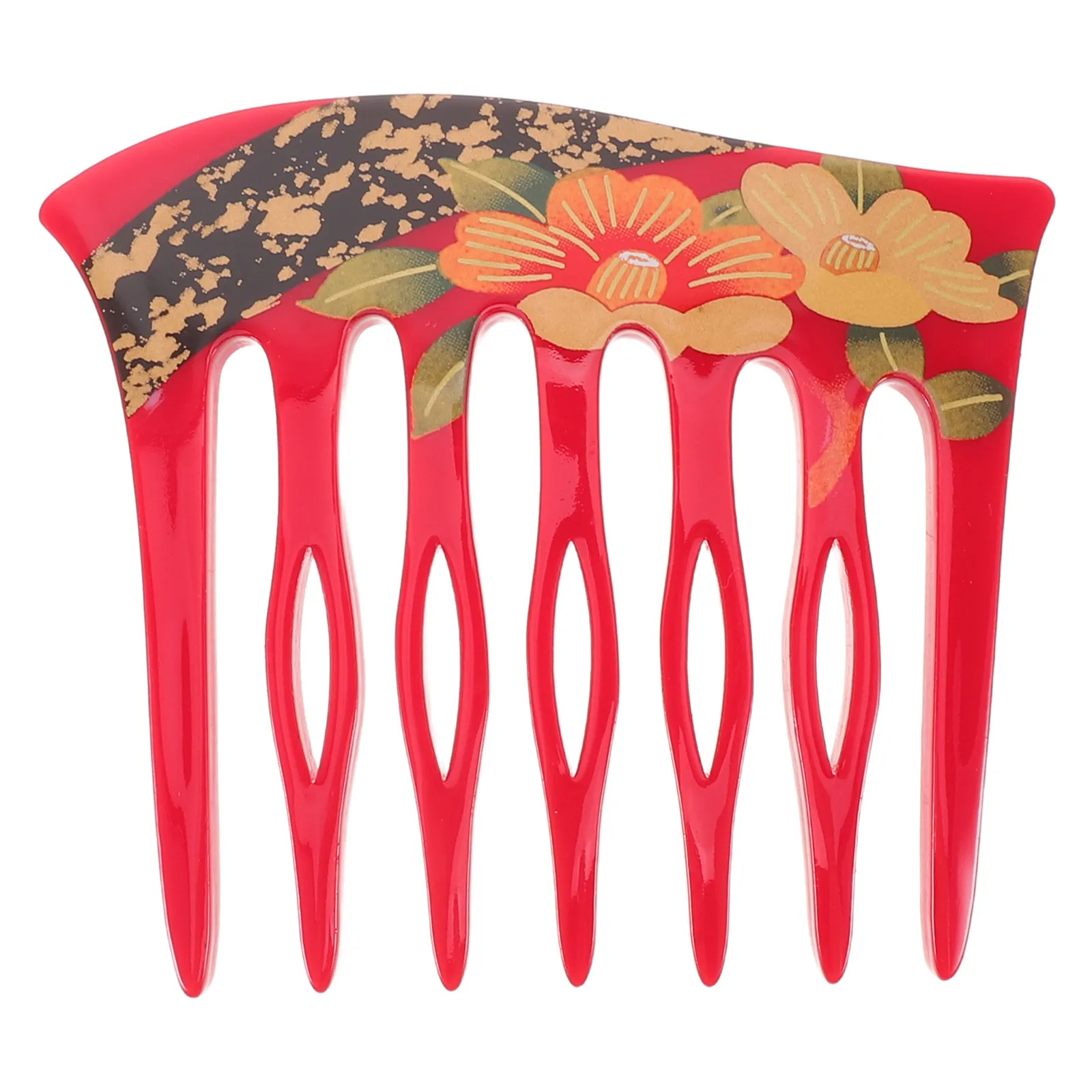 French Hair Side Comb Red Vintage Floral Printed Acrylic U Shaped 7 Tooth Hair Fork Twist Comb Wedding Birthday Updo Styling