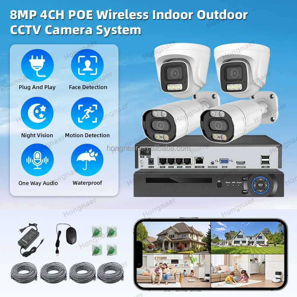 2026 Hongnae 8MP One Way Audio 4CH Home Wireless NVR Indoor Outdoor POE IP Security CCTV Camera NVR Set Kit System 4K Surveil Sy