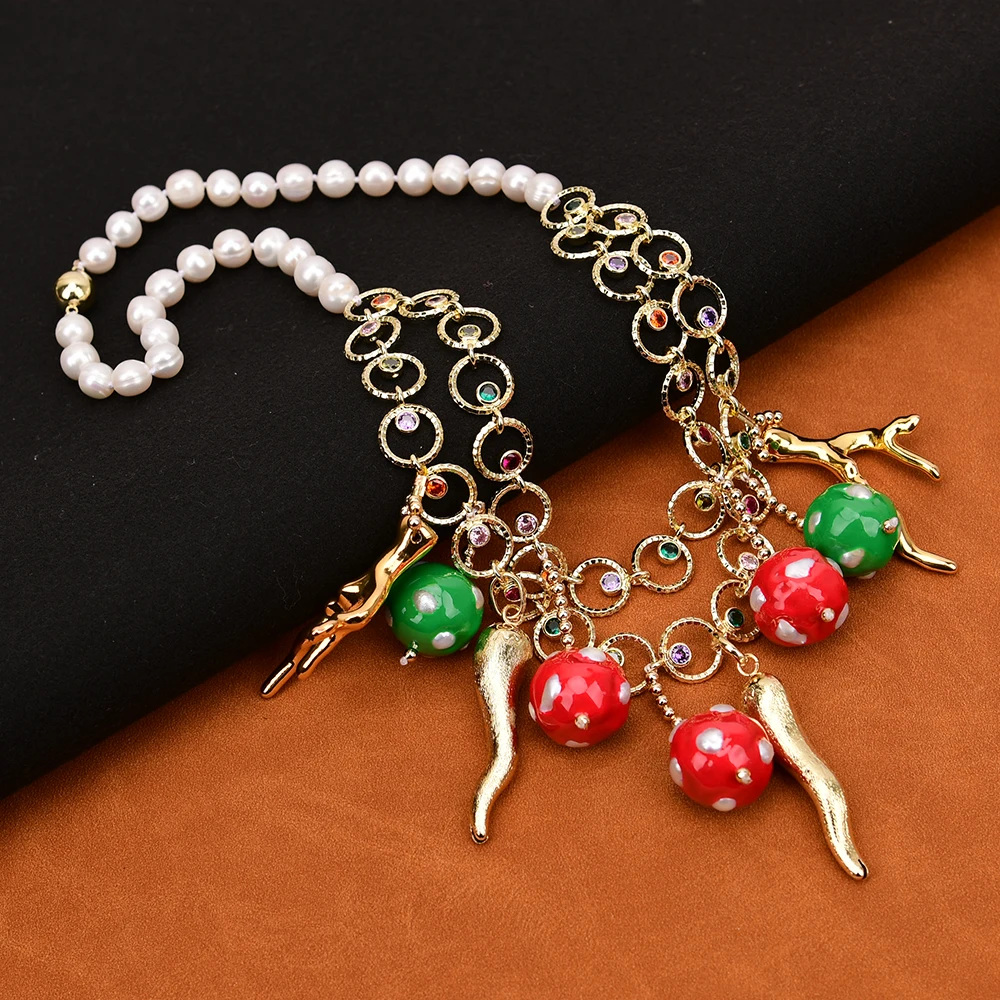 G-G 20'' Natural White Round Pearl Mix Color CZ Chain Necklace Enamel Glaze Pearl Ball Golden Resin Coral Branch Pendant