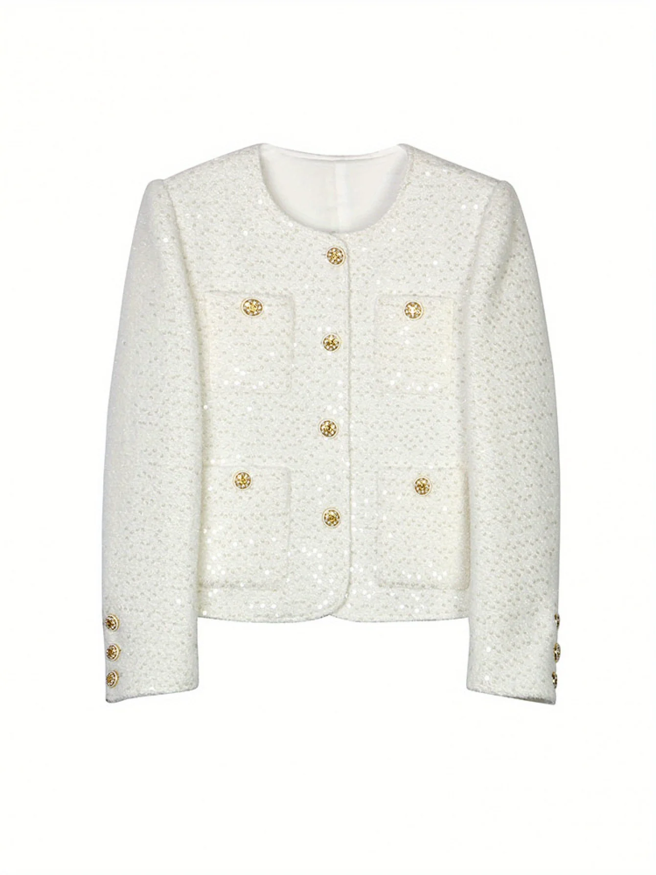 Luxury White Tweed Jacket Sparkly Sequins Gold Buttons O-Neck Cropped Blazer Coat 28506 view 3
