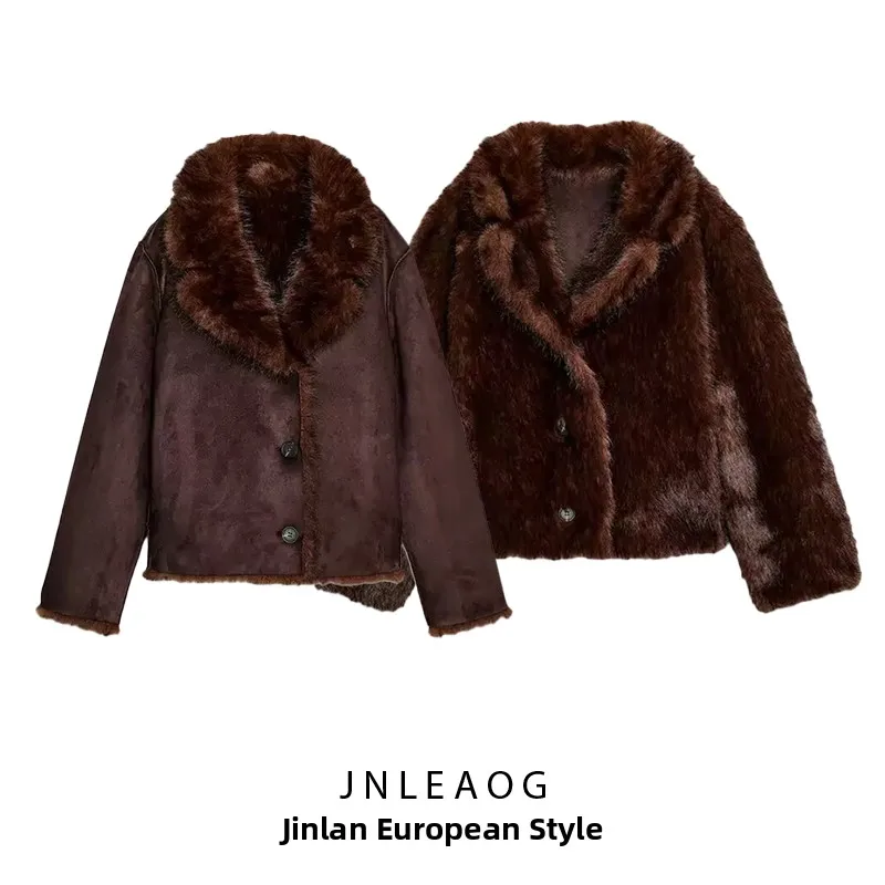 

JNLEAOG женское двустороннее шуба с эффектом искусственного меха, осеннее новое ветрозащитное пальто из полиэстера с подставкой для женщин