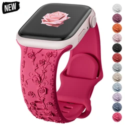 Engraved Band for Apple Watch Strap 44mm 40mm 49mm 45mm 41mm 42mm Floral Silicone Correas Iwatch Ultra 2 Series 9 8 7 6 SE 5 4 3