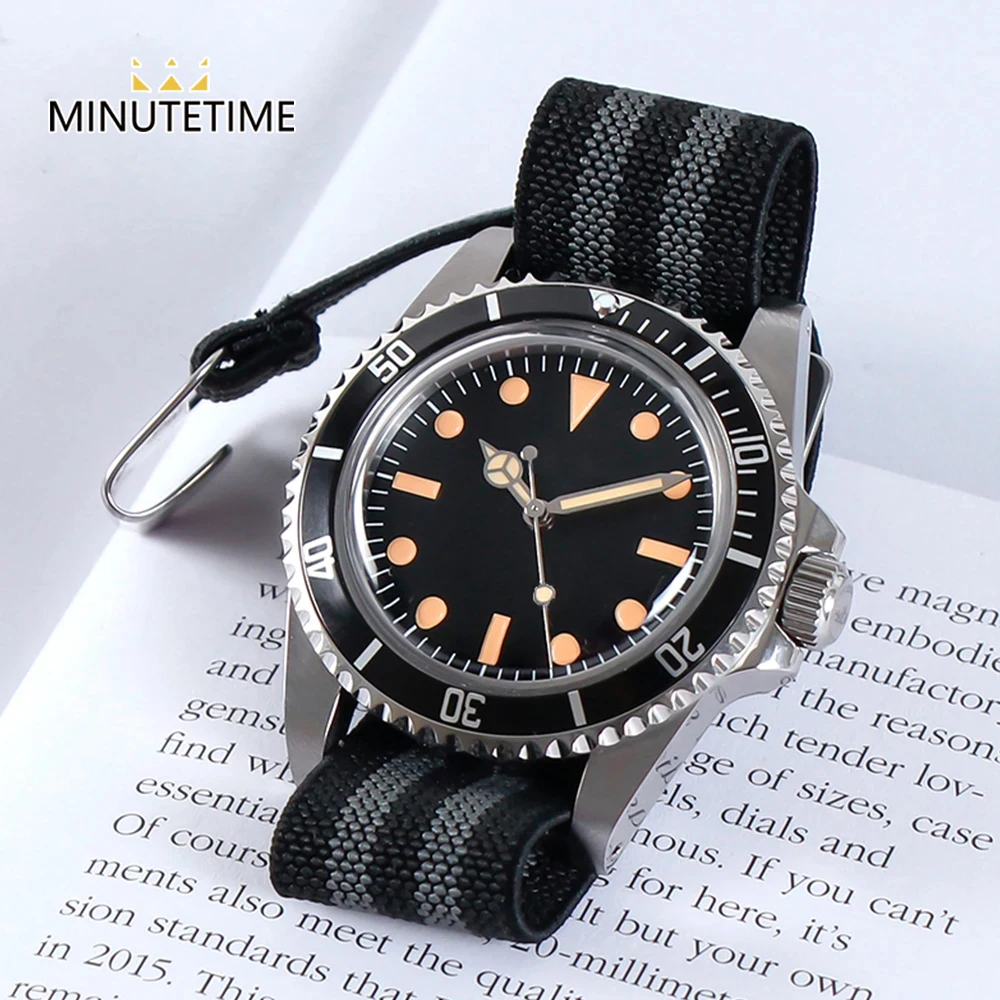 

MINUTETIME NH35 Watch 1960s Vintage Watch NH35 Automatic Movement No Waterproof Acrylic Glass Nylon Strap Black Bezel Men Watch