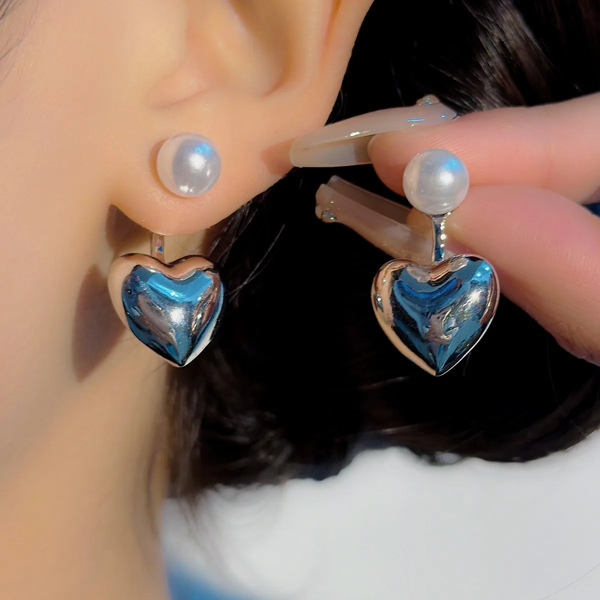 Two in One Pearl Stud Earrings for Women Silver Color Metal Heart 2 In 1 Sweet Exqusite Fashion Trendy New Ear Decoration