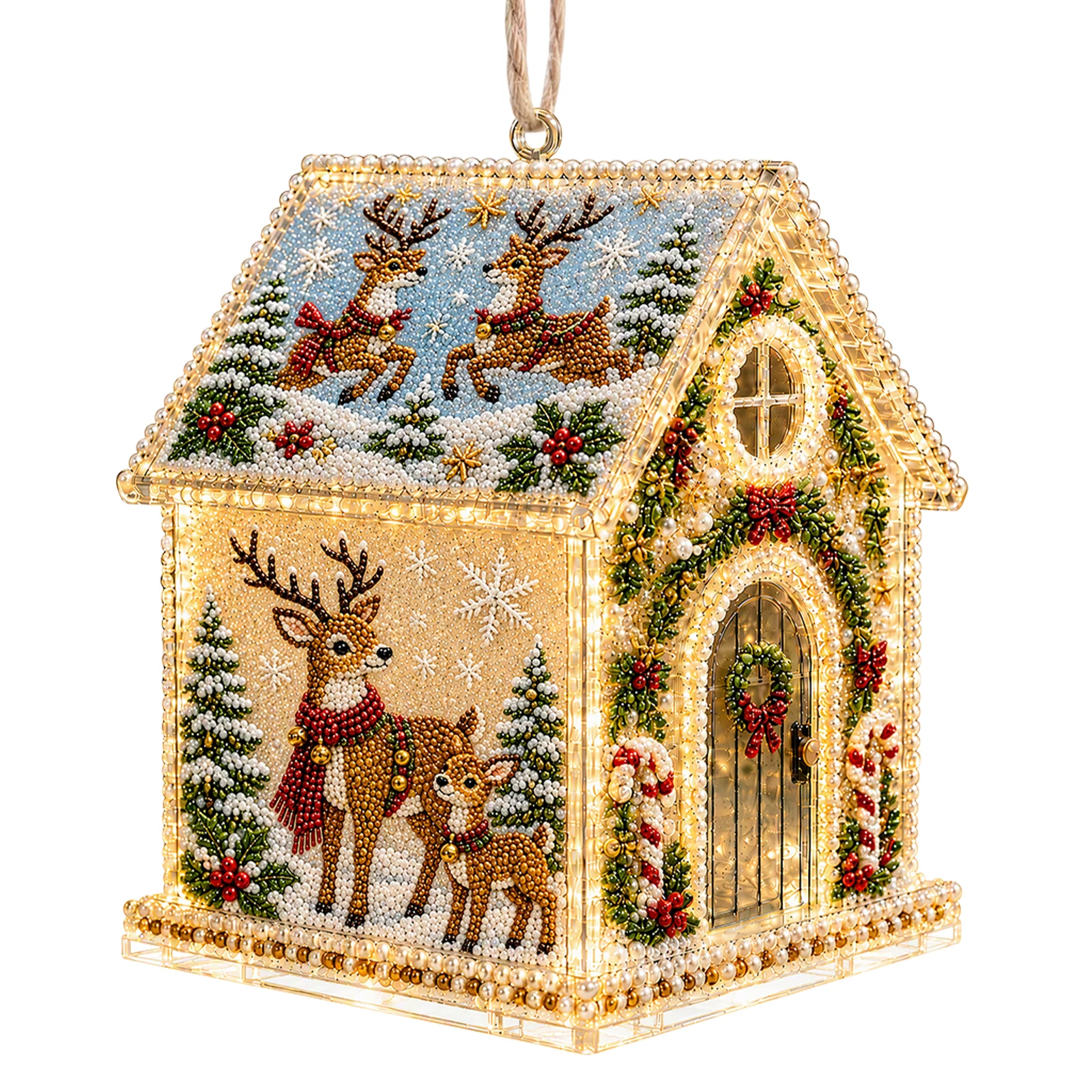 DIY Pearl Art Christmas House Diamond Painting Kit Acrylic Xmas Hanging Ornament Includes Gems Dot Pen, Storage Box & Step Guide
