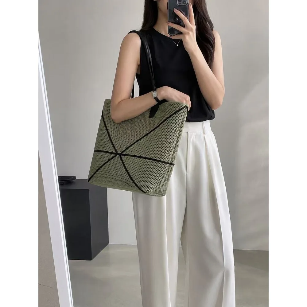 Large Capacity Foldable Tote Bag Women lightweight Mesh Commuting Shopping Handbag Simple Shoulder Bag Versatile Fashionable Tot