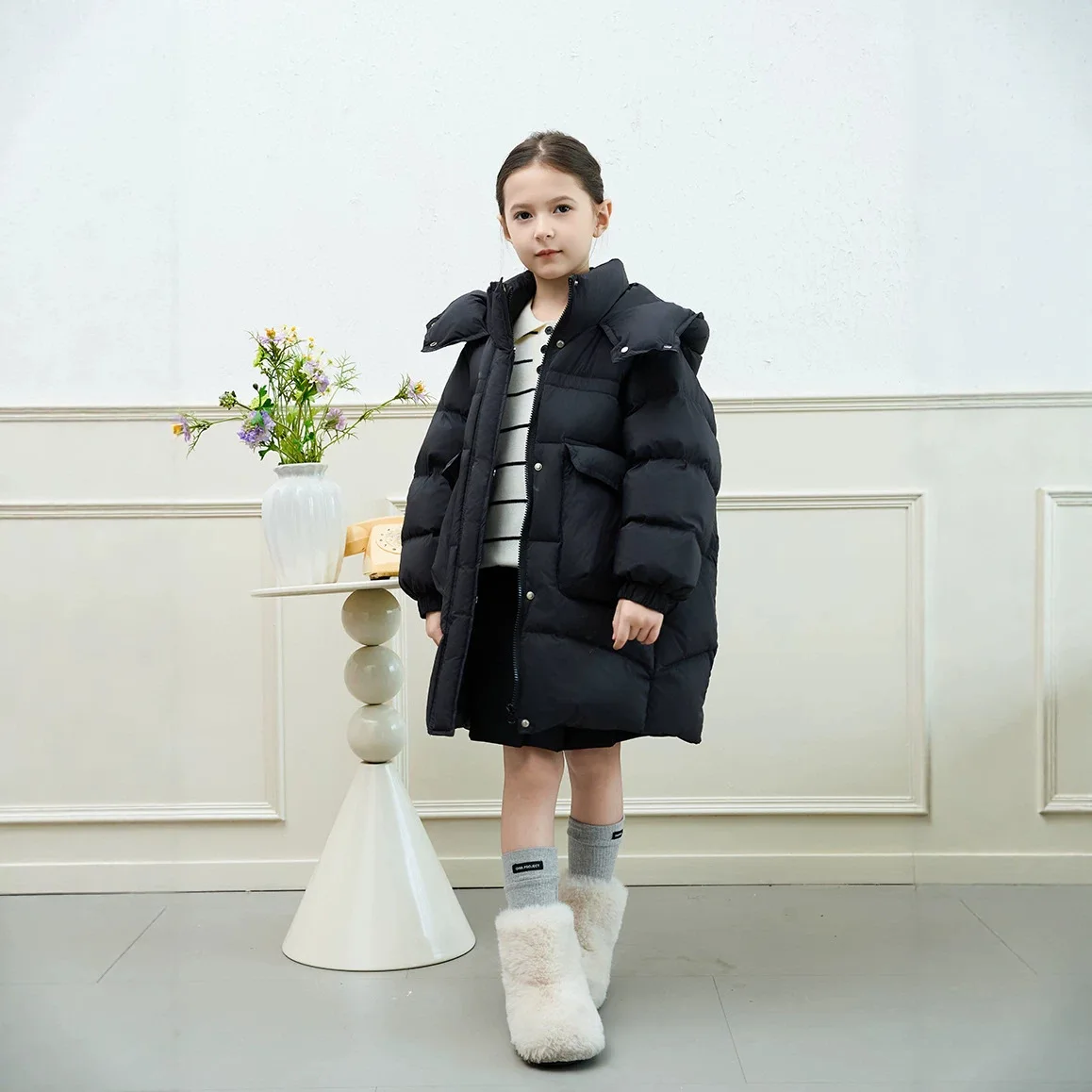 UNITIM Winter Children Girl Mid-Length Down Jacket -30 Degree Hooded Thick Warm Coat for Kids Simple 5-12Y Junior Girl Outerwear