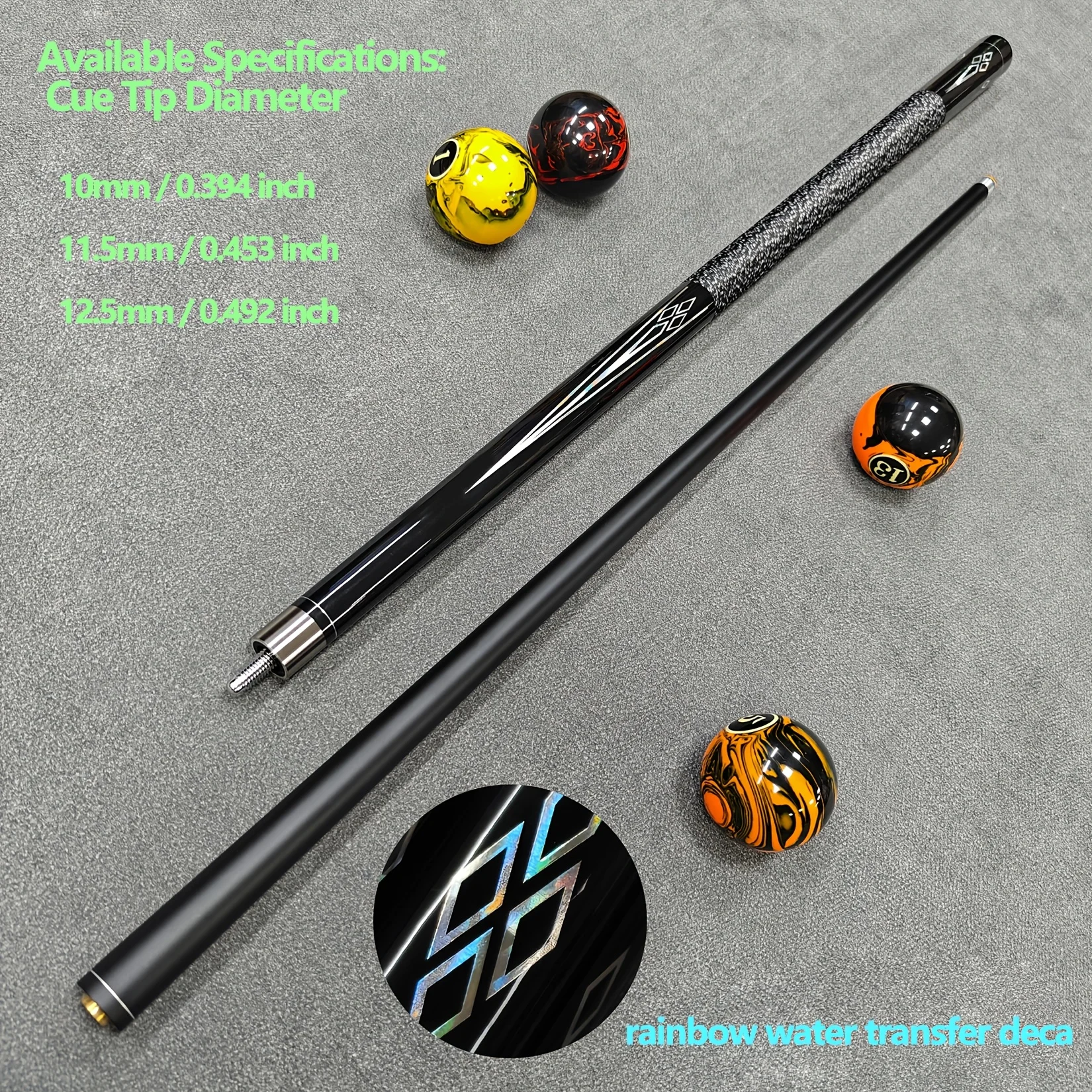 58in High-Tech Pool Cue Set, 10.5 11.5 12.5 Tips Optional, Wrapped Grip, Water Transfer Print, Black Stone-Pattern Cue Case