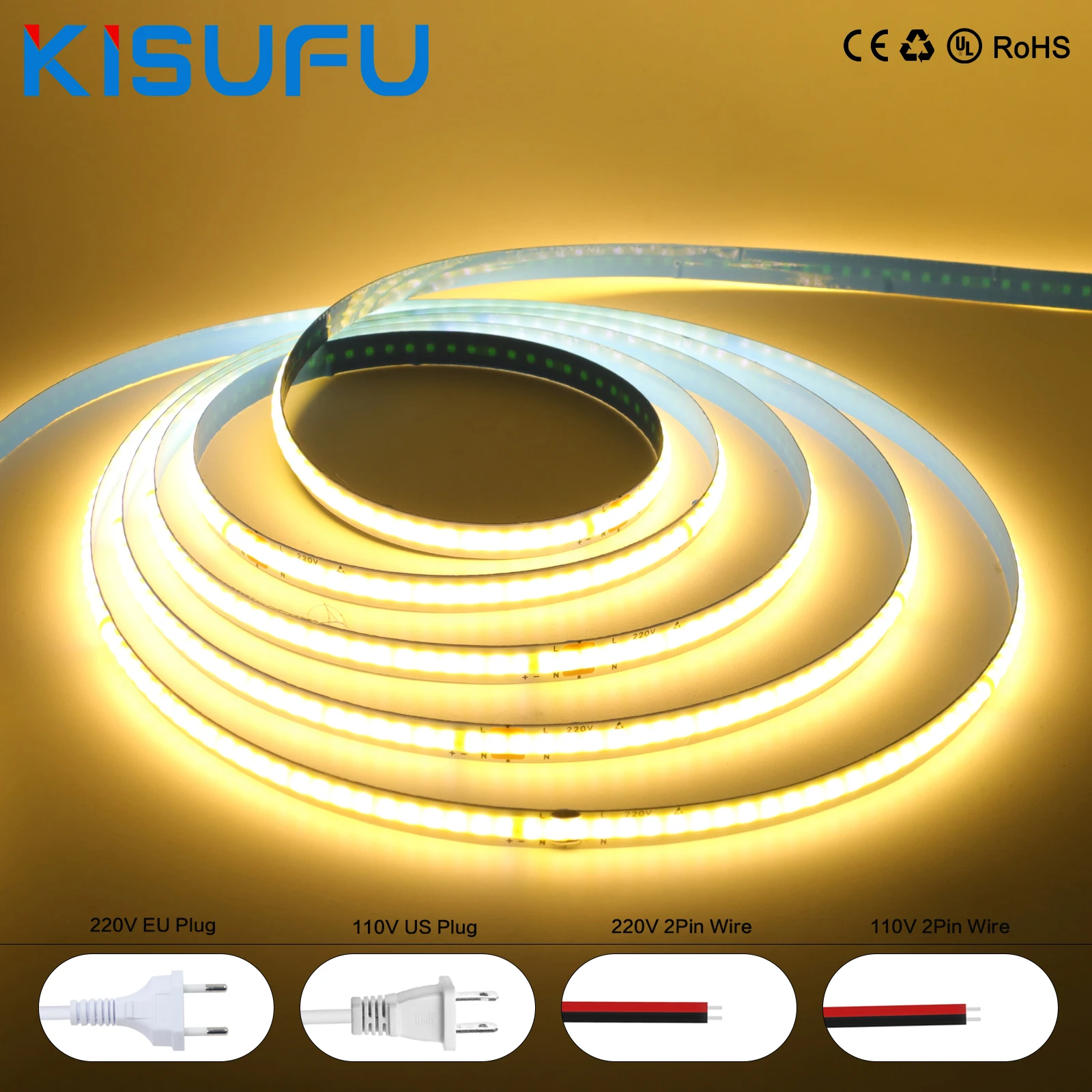 20m 15m 10m COB LED Strip Light 110V 220V 240LEDs/m CRI90 High Density Flexible FCOB Tape Light with IC Chip Lighting for Home