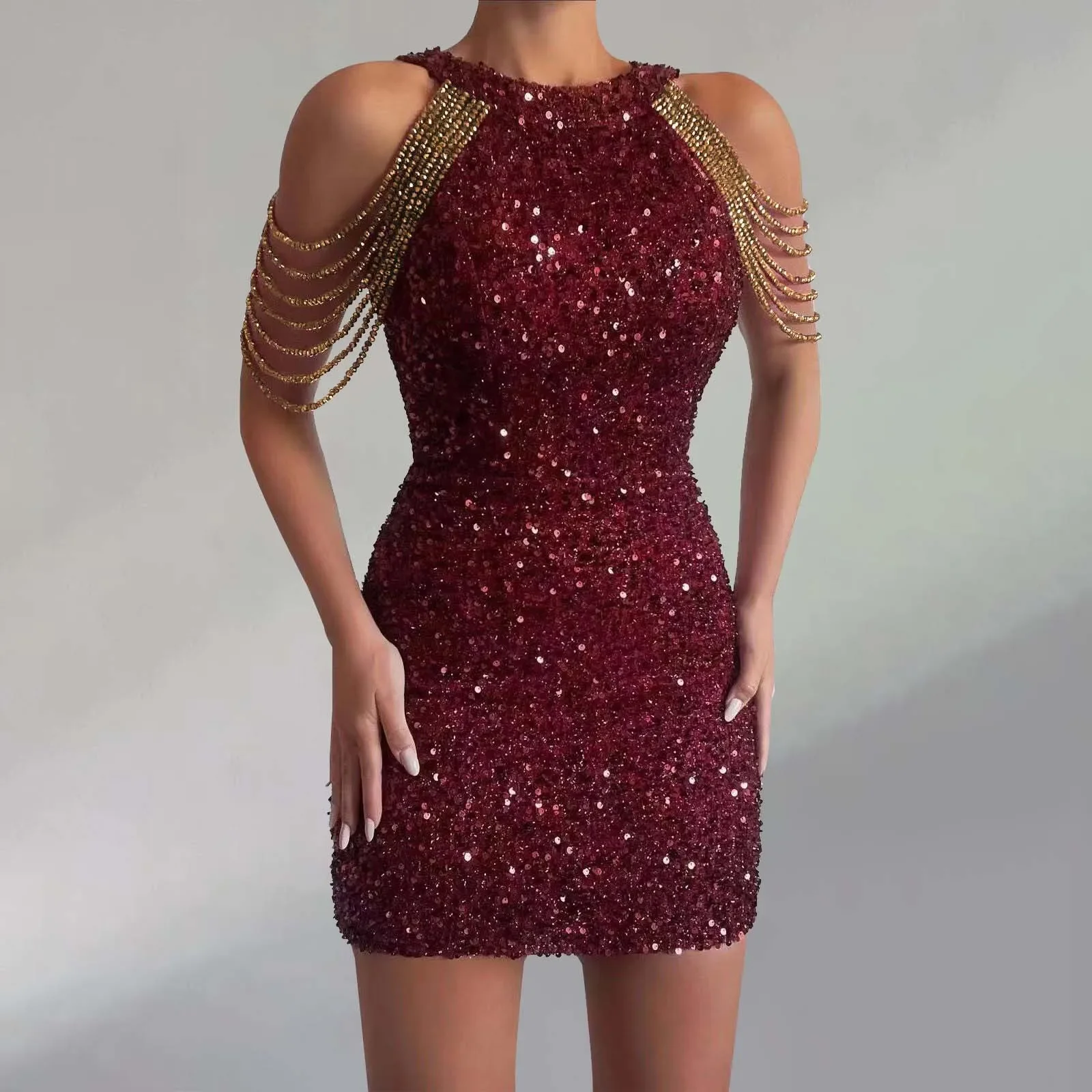 Spring Party Club Evening Short Dress Women Sexy Bodycon Tassel Mini Dress Hollow Out Off Shoulder Sleeveless Sequined Dresses