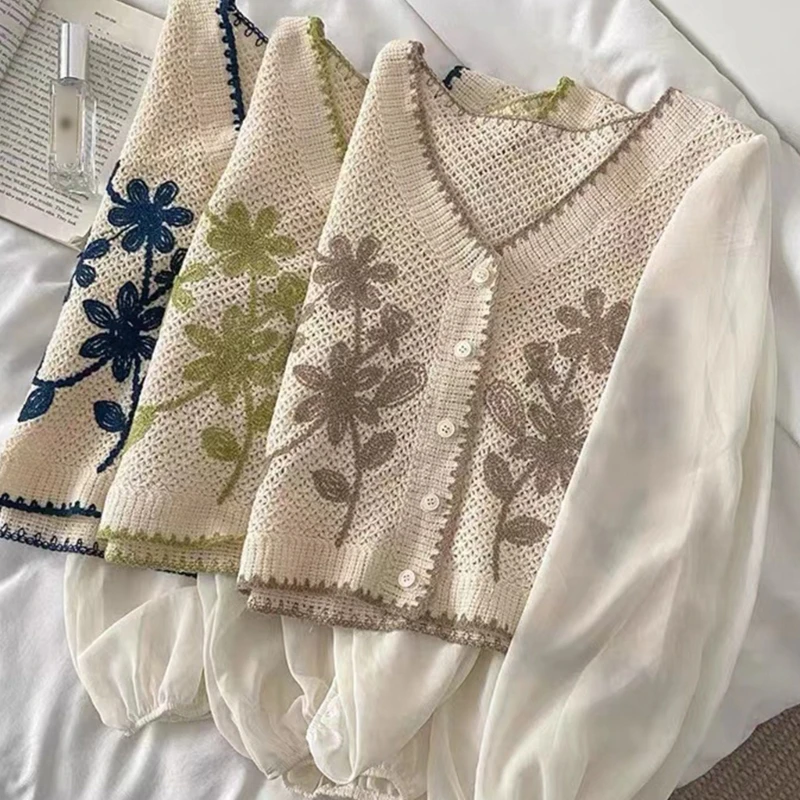 Spring Crochet Knit Cardigan for Women V-Neck Puff Long Sleeve Embroidery Floral Retro Button Down Knitwear Coat