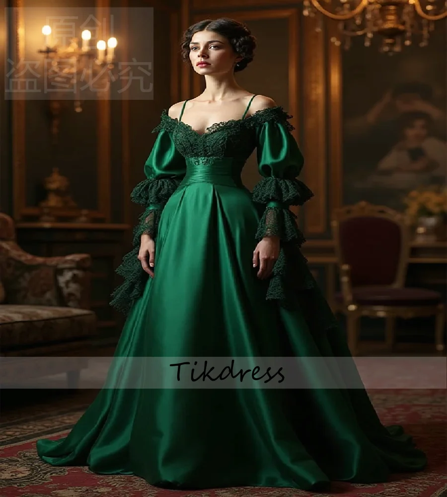 

Изумрудно-зеленое средневековое вечернее платье 1800-х годов с кружевными бретельками, атласное платье для выпускного вечера 2026 с длинным рукавом, герцогиня, вечеринка по гражданской войны