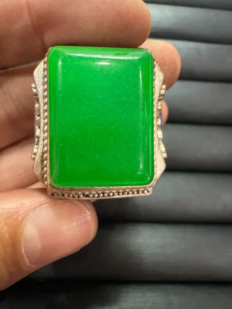 

Tibetan Silver Cloisonne Ring, Inlaid Green Star Gemstone, Retro Ethnic Style, Adjustable Open Band, Unisex Vintage Finger