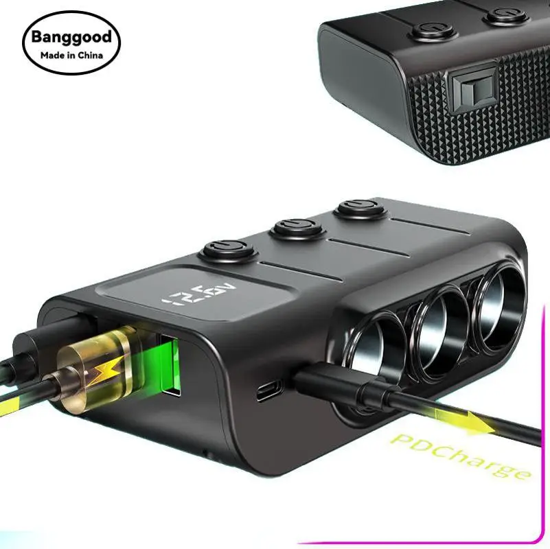 

GC01 Car Mobile Phone 120W Charger One To Three Cigarette Lighter USB Port Expansion PD Fast Charging 36W Voltage Display