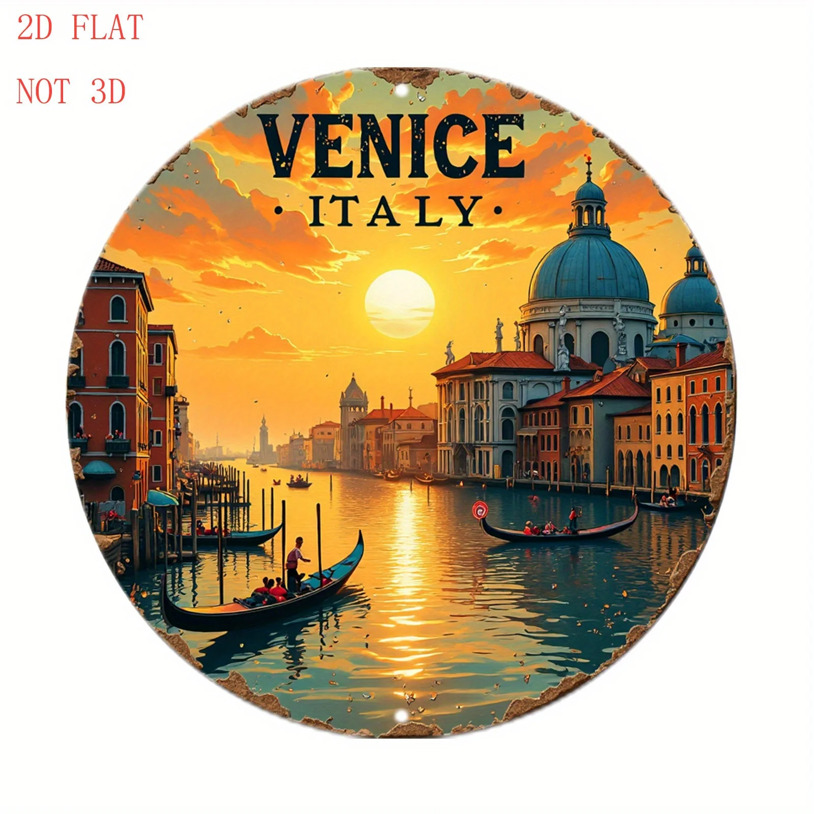 1pc Venice Italy Metal Wall Art Sign - 8-Inch Round Venetian Gondola, Grand Canal & St. Mark's Basilica Sunset Reflection with I