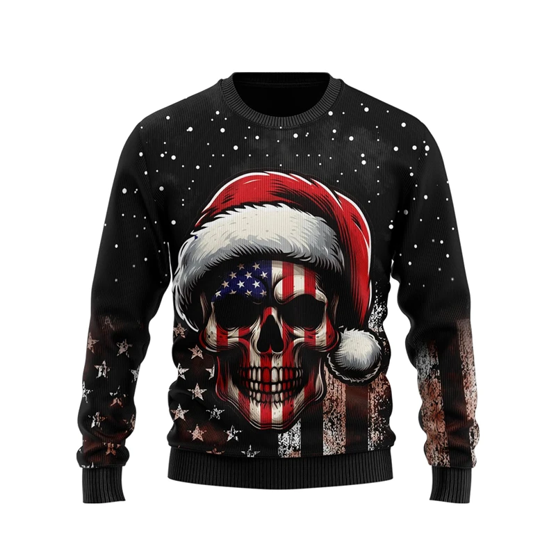 Santa Claus Skull Graphic Sweatshirts Funny Skeleton Ugly Sweater Xmas Holiday Crew Neck Sweatshirt Christmas Unisex Pullover