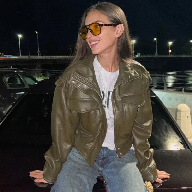 Giacca da donna Giacca in ecopelle Giacca da mezza stagione da donna verde Capispalla da donna Autunno Nuovo in cappotto Giacca a vento Streetwear
