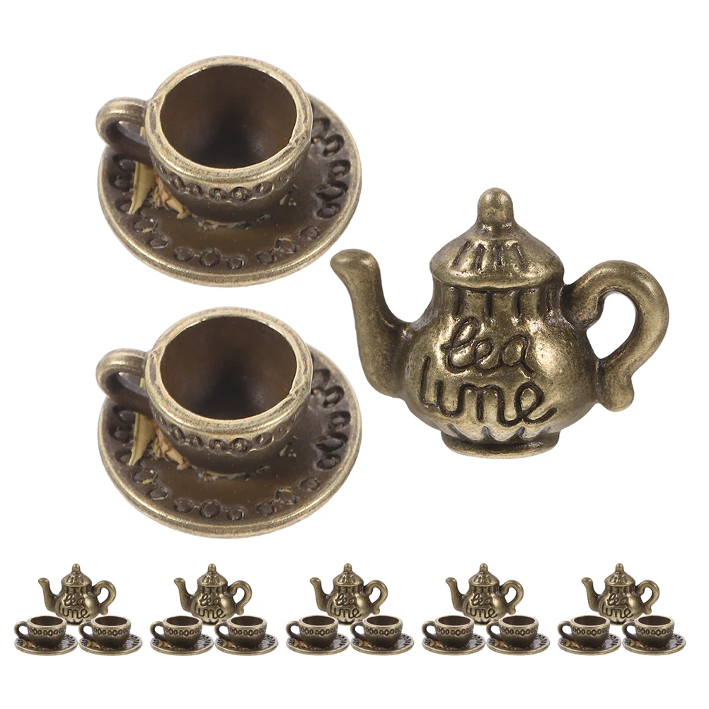 

6 Sets House Tea Mini Teapot Vintage Dollhouse Kettle Cup Alloy Miniature Teapots Kettles