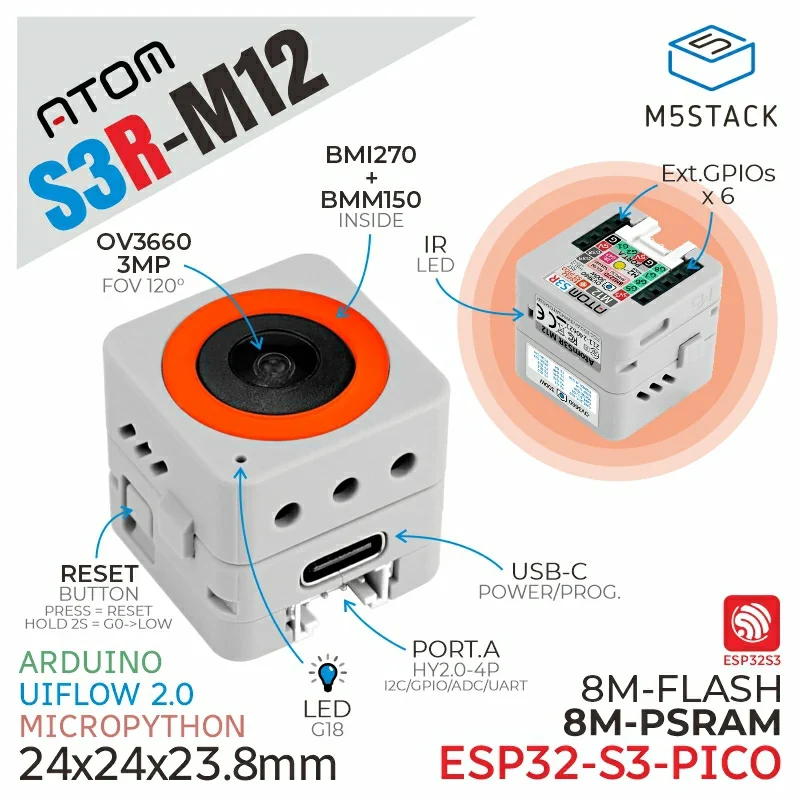Controller programmabile ufficiale per fotocamera grandangolare M5Stack AtomS3R M12 OV3660 ESP32-S3 senza funzione vocale