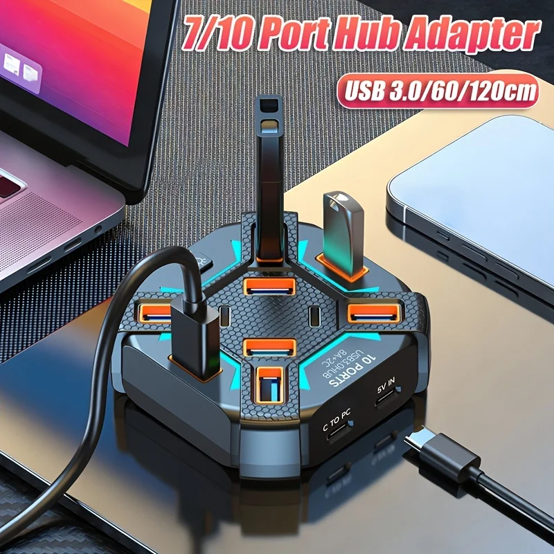 7 Port USB3.0 Hub 6A+1C Splitter 3.9FT Long Cable LED Indicator USB Extender for Laptop PC Car Xbox PS5 Flash Drive HDD