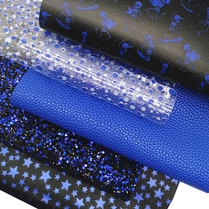 Blue Glitter Leather Sheets Skeletons Stars Custom Faux Leather Fabric Polka Dots Printed Transparent JELLY for DIY 21x29CM Y194