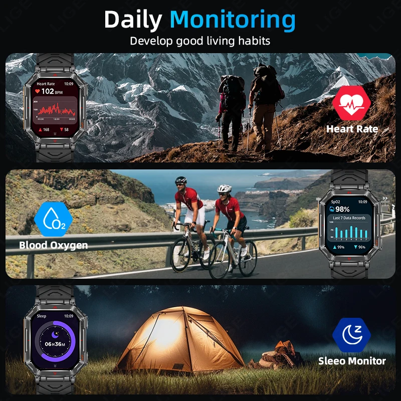 LIGE GPS Smart Watch 450mAh 3ATM Waterproof Built-in Compass Barometric Altimeter Military Sport Smartwatch Men For Android iOS