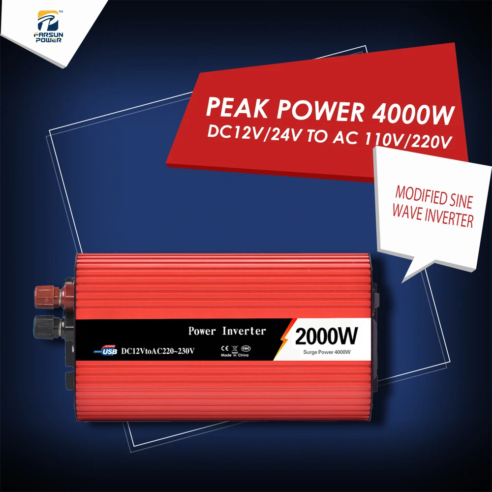 

2000W DC12V/24V To AC 110V/220V Modified Sine Wave Inverter Red Color LCD Display Transformer Converter Solar Inverter